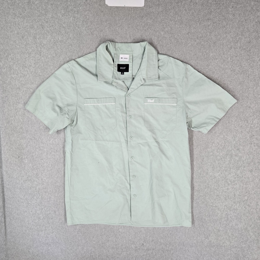 HUF Men Button Up Shirt L Green Embroidered Back Logo Gas Station Shirt